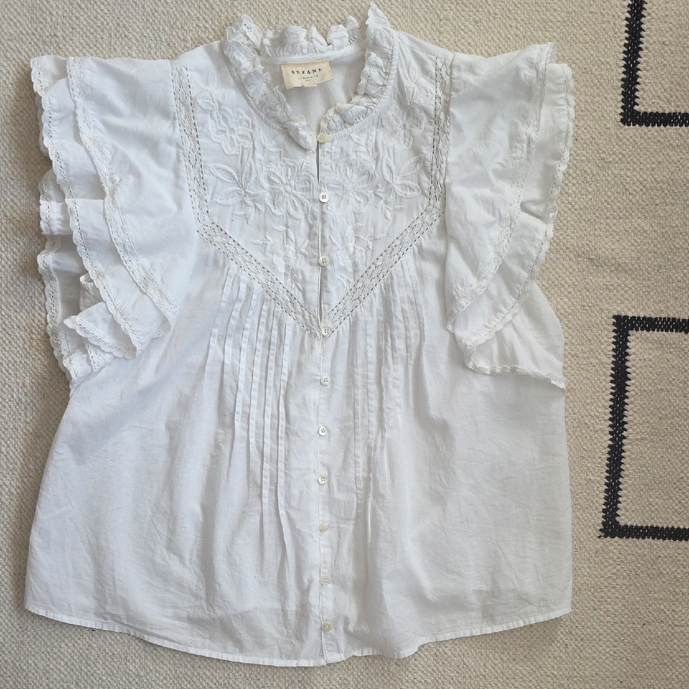 Sezane White Ruffle Embroidered Blouse